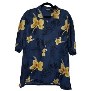 Axist 100%‎ Silk Men's Hawaiian Shirt Blue Yellow Short Sleeve Large